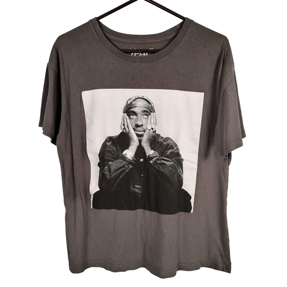 2Pac Mens SZ L Graphic Rap Tee Charcoal Grey Cotton Streetwear Hip Hop